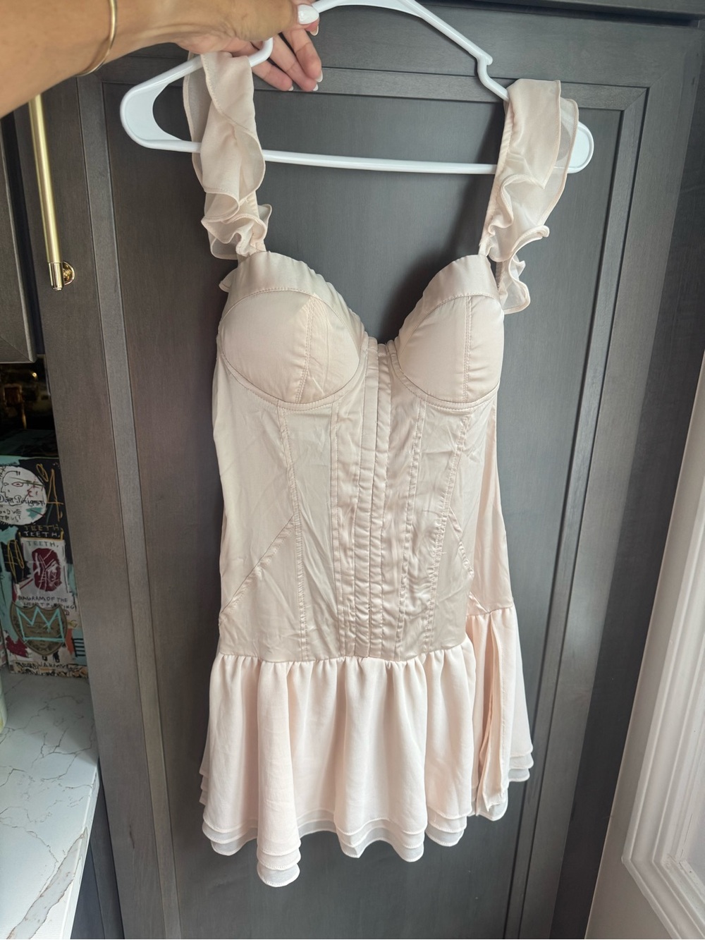 SHEIN Bae beige satin tight Blush Ruffled Strap Bustier ruffle hemi dress